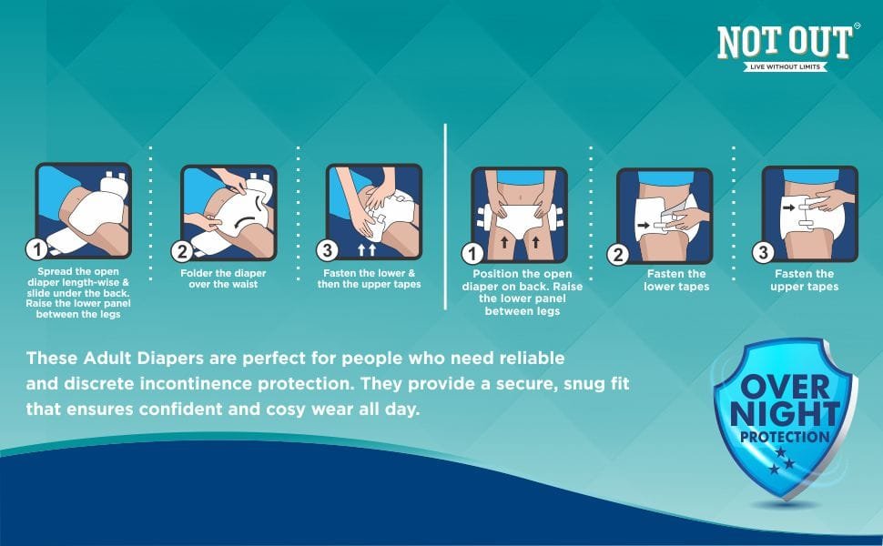 NOT OUT Overnight Protection 3D Core Odour Control Upto 12-Hour Absorption Adult Diapers-10 Pcs/Pack